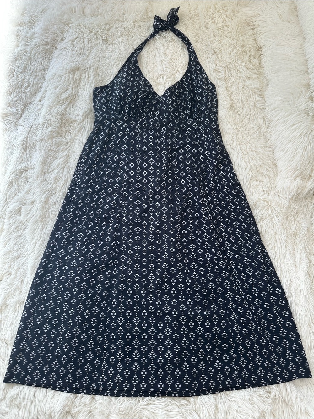 Athleta Marbella Printed Halter Dress Navy White Vacation Dress Size: Medium